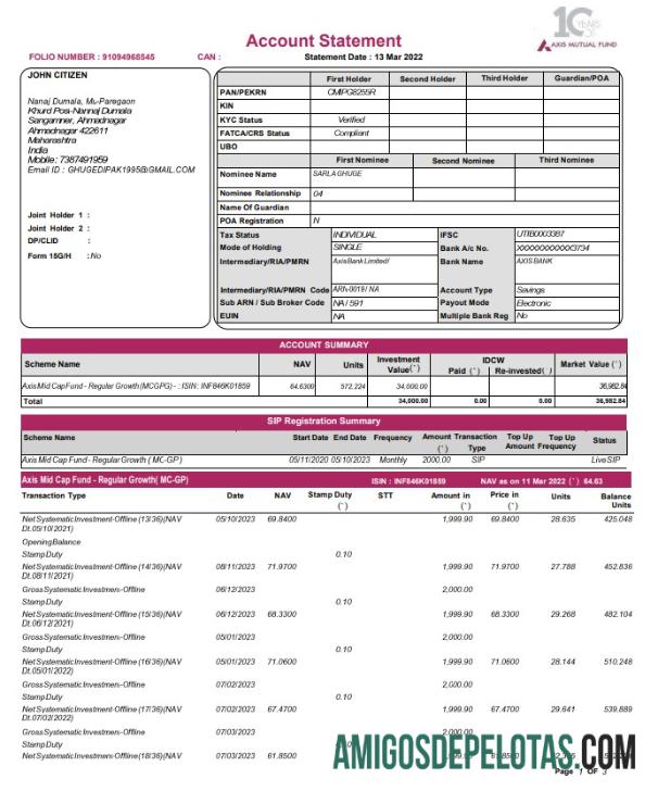 modelo de extrato bancário do fundo mútuo do eixo da Índia em branco, formato Word e PDF, 3 páginas